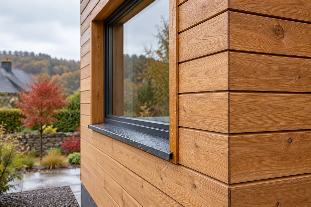 Détail d'angle et de tour de fenêtre d'un bardage bois horizontal fini