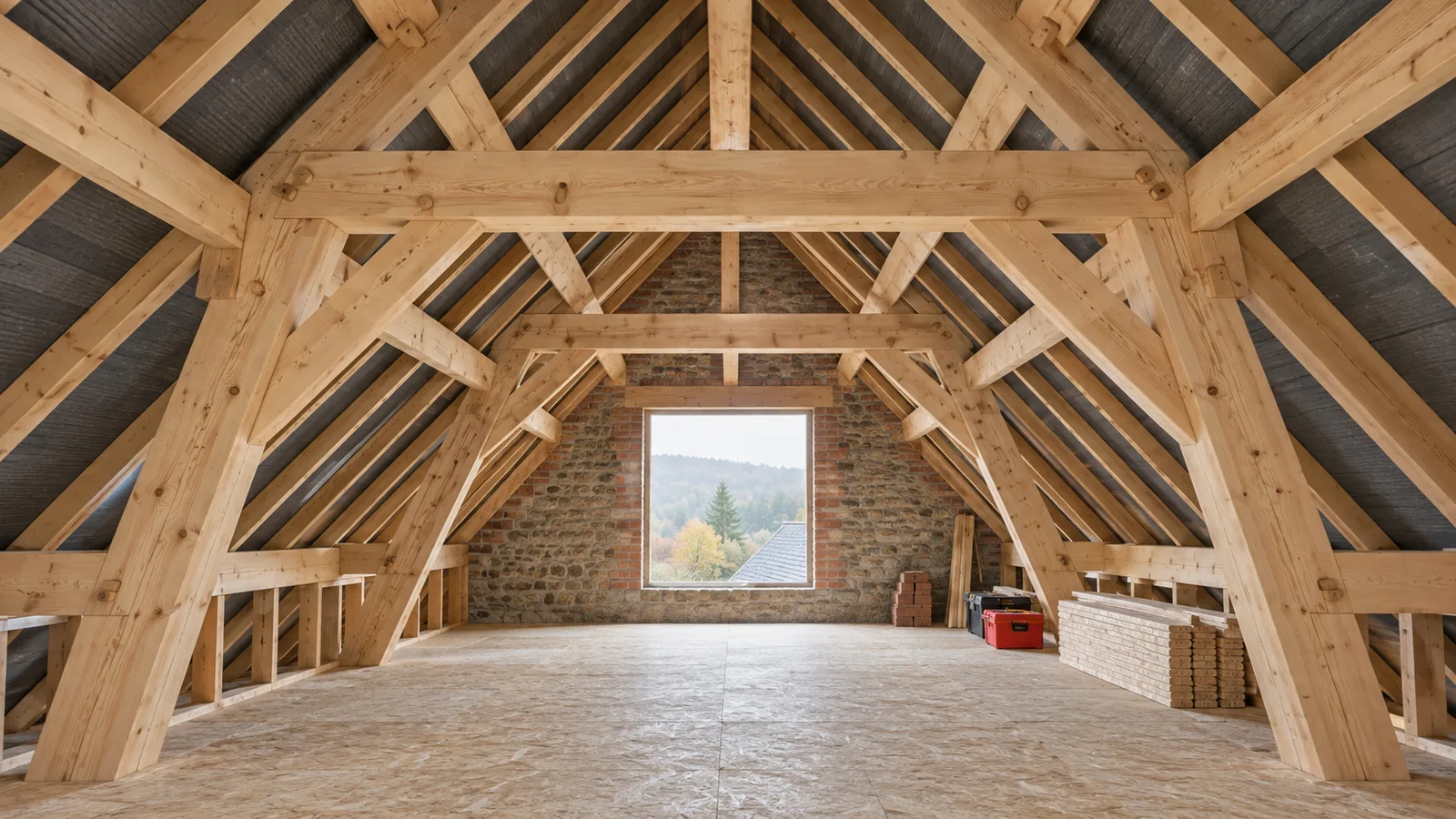 Charpente traditionnelle en bois massif vue de l'intérieur, combles dégagés