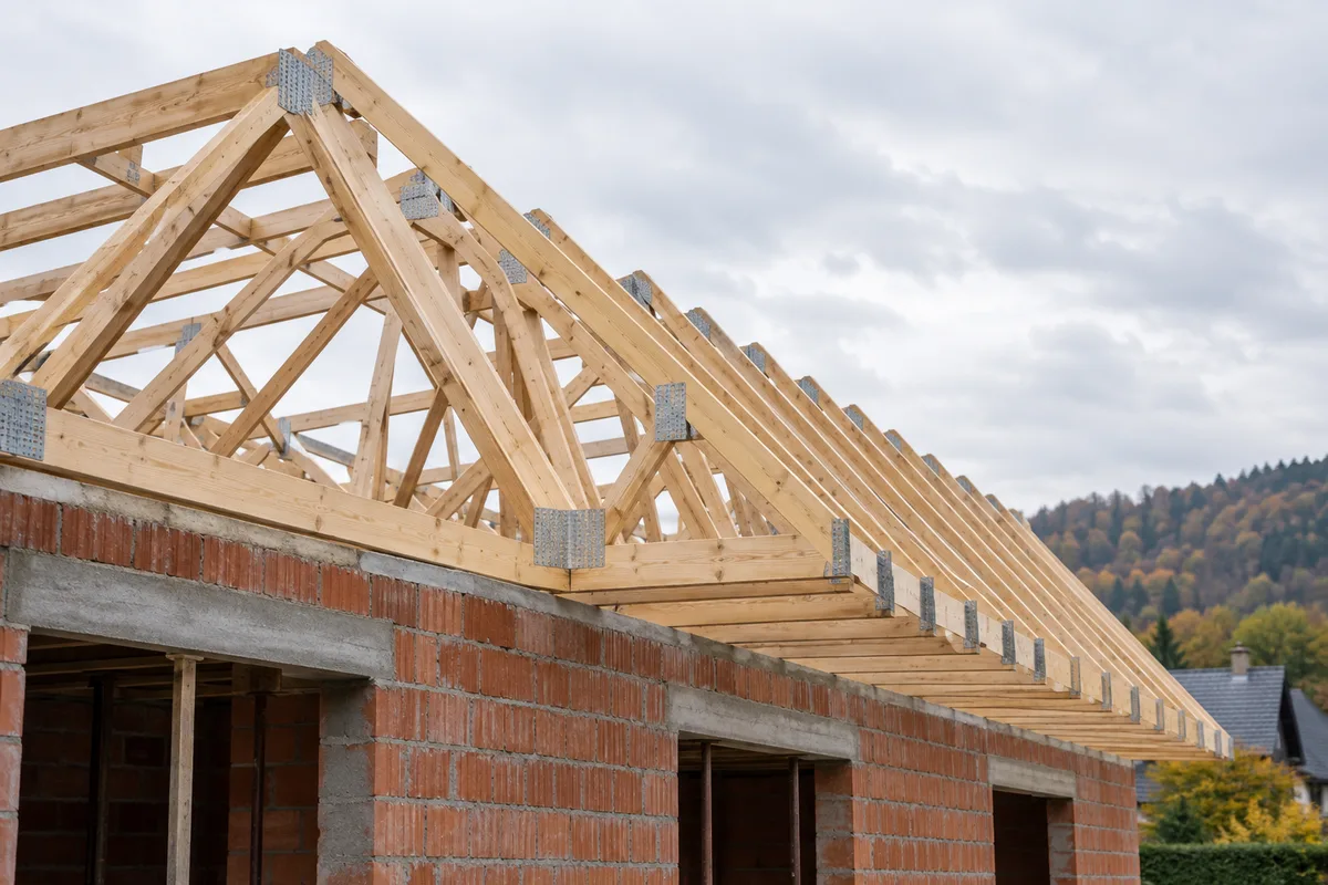 Fermettes industrielles préfabriquées alignées sur les murs d'une maison en construction