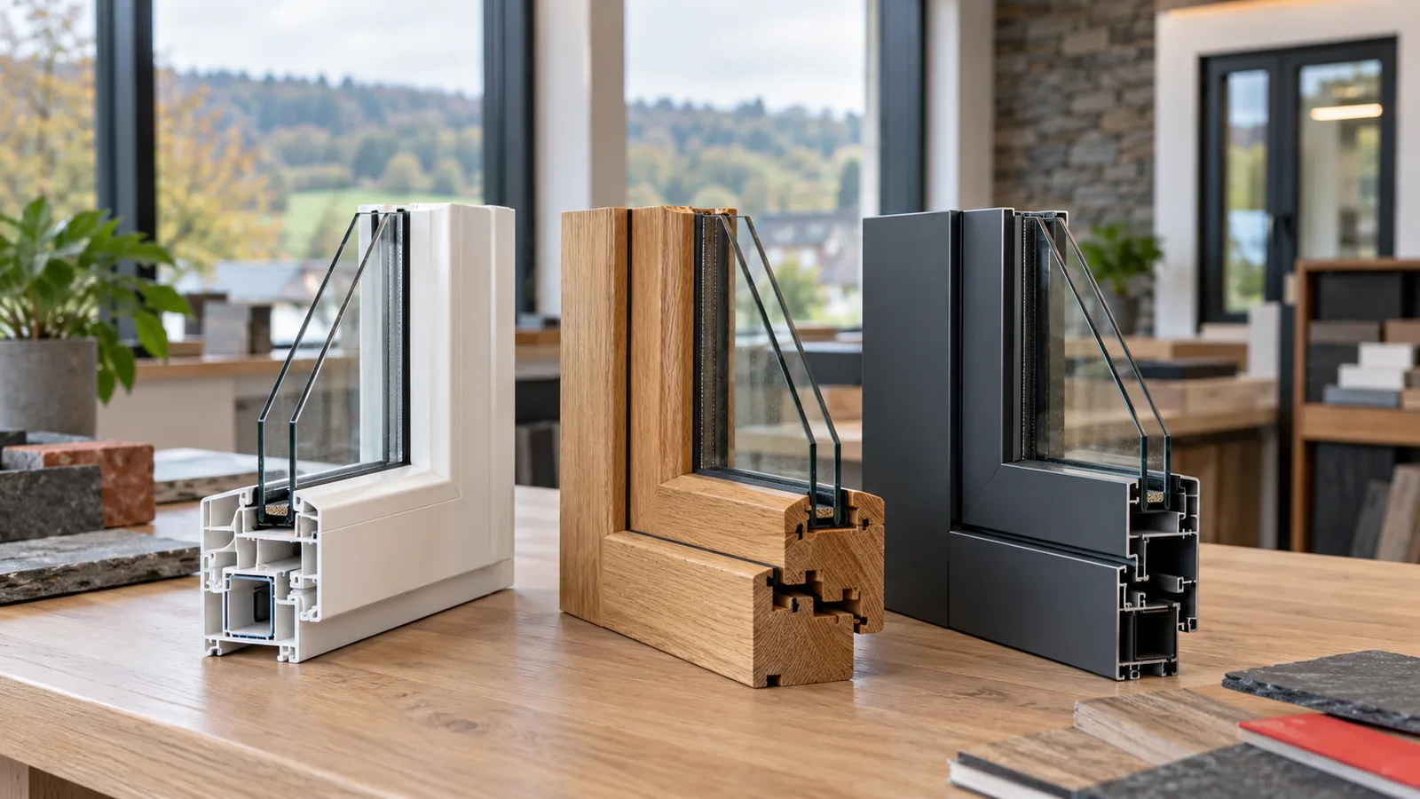 Trois coupes de profilés de châssis côte à côte : PVC blanc, chêne naturel et aluminium anthracite