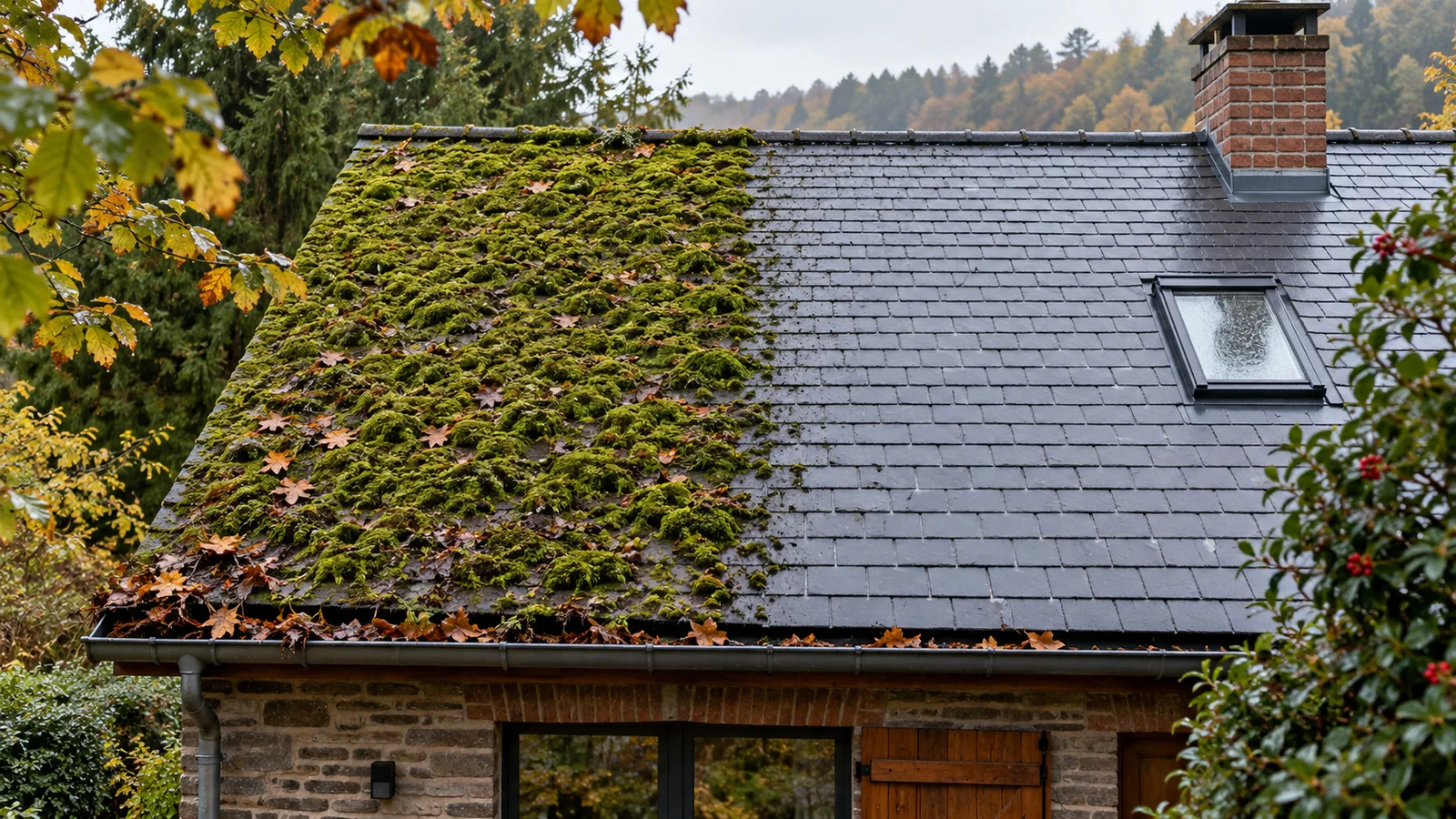 Versant d'ardoises moitié couvert de mousse, moitié nettoyé, sur une maison entourée d'arbres