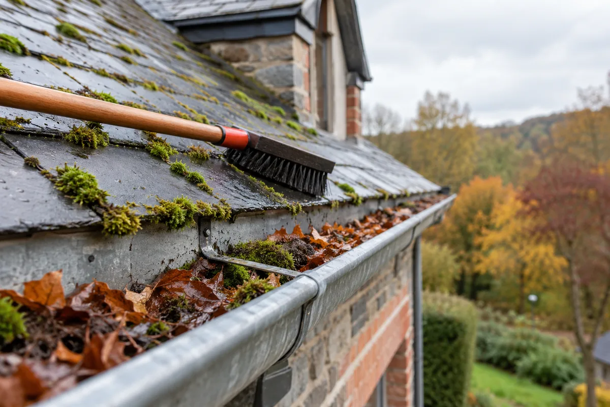 Gouttière en zinc remplie de feuilles et de mousse au bord d'une toiture en ardoises, avec une brosse de toiture