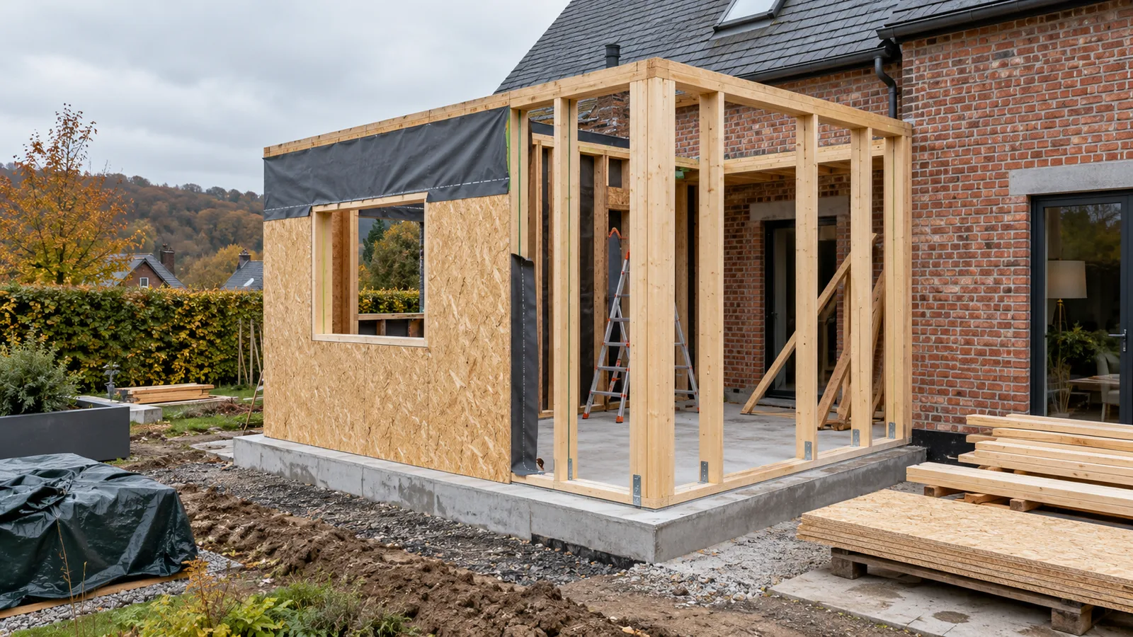 Extension en ossature bois en cours de montage contre une maison en briques