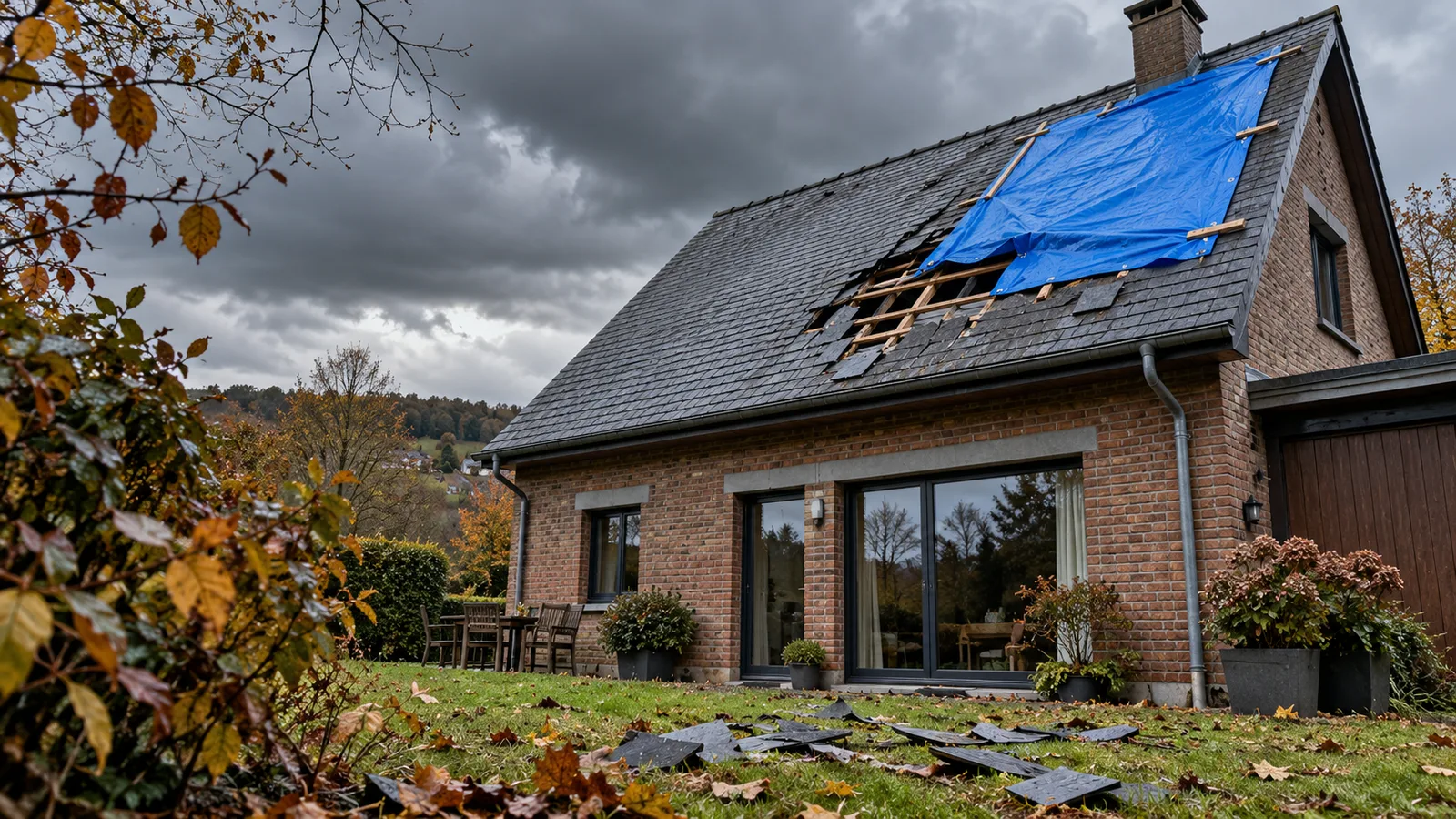 Toiture en ardoises après une tempête : ardoises glissées, bâche de protection et débris dans le jardin