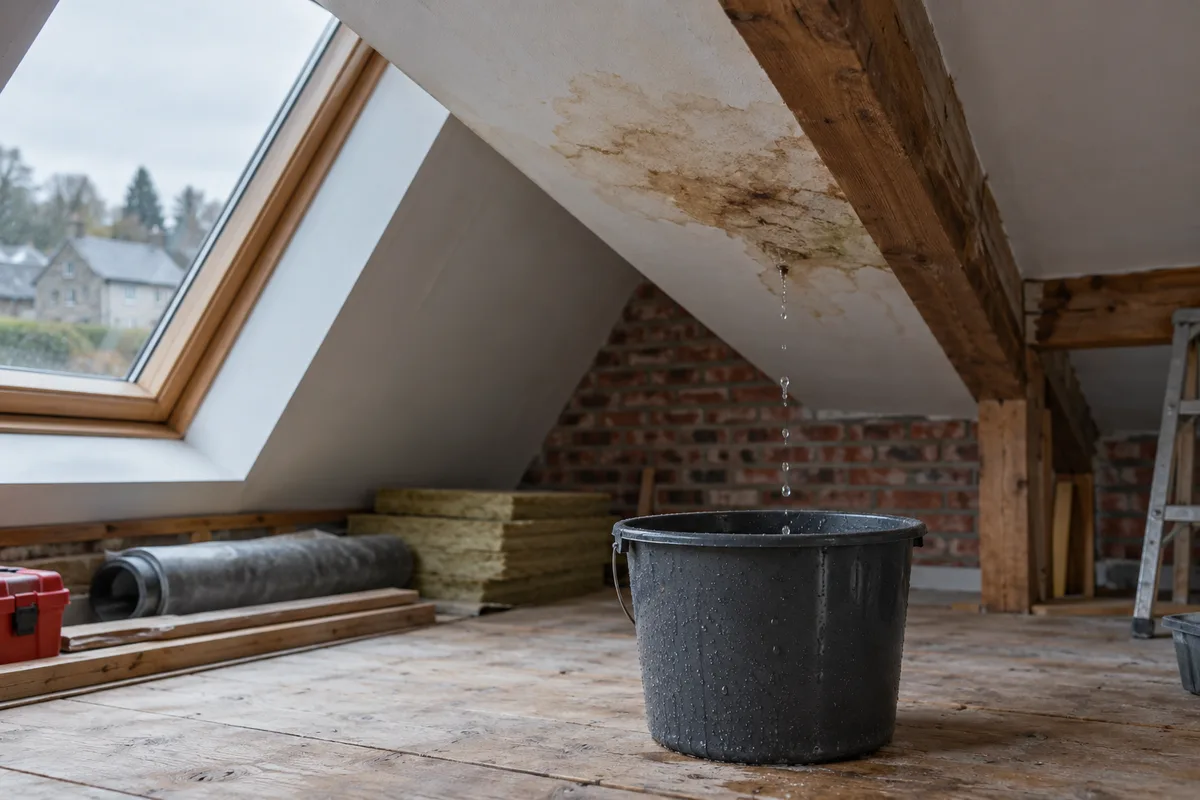 Tache d'humidité au plafond et seau posé sur le plancher pour recueillir l'eau d'une fuite