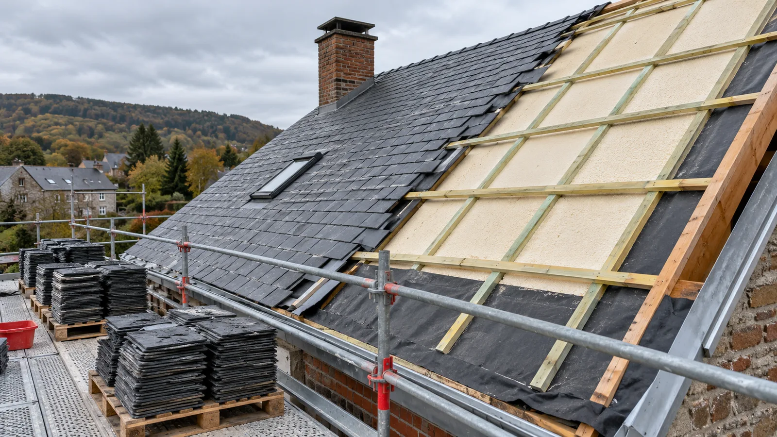 Chantier de sarking : panneaux isolants posés au-dessus des chevrons sur la moitié du versant, l'autre moitié encore couverte d'ardoises