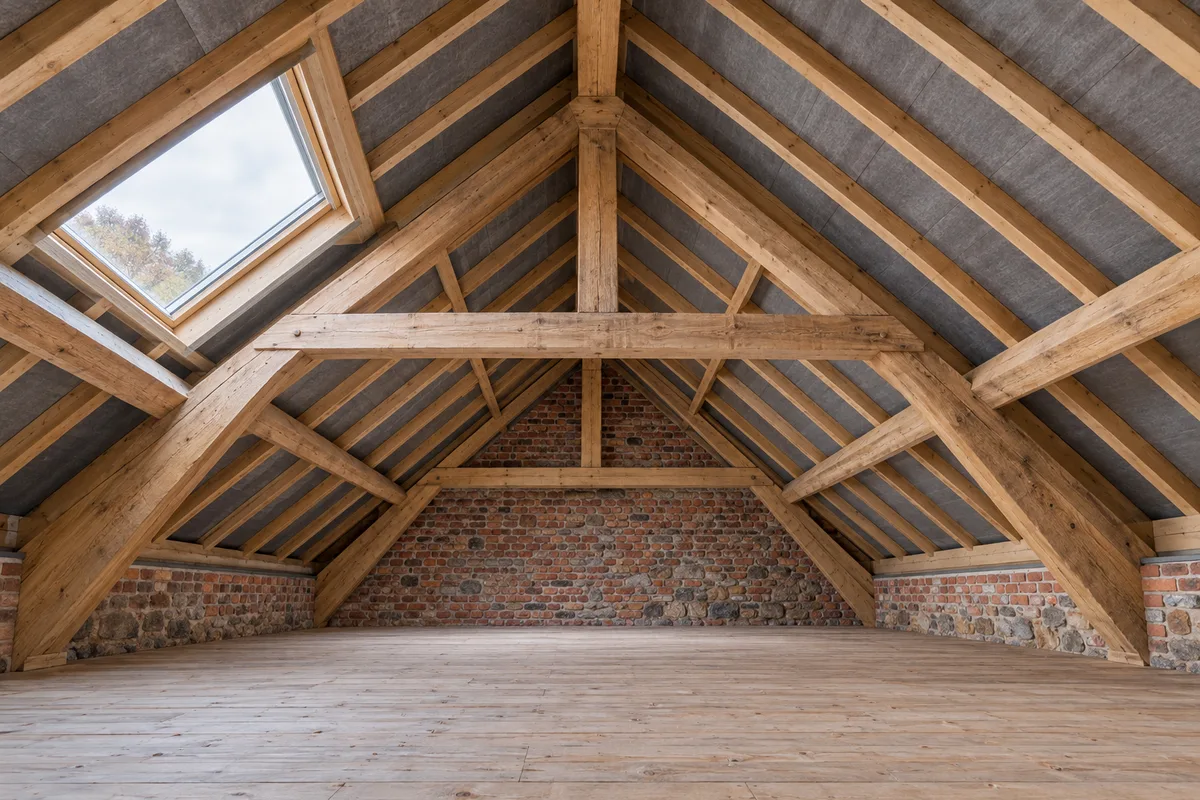 Combles à charpente traditionnelle apparente, toiture isolée par l'extérieur et fenêtre de toit