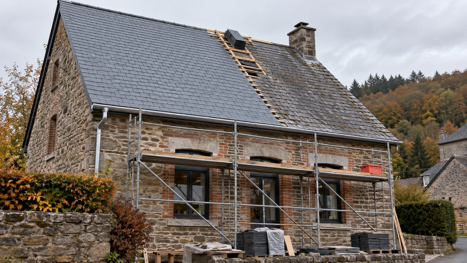 Maison ardennaise dont la toiture est en rénovation : moitié neuve en ardoises, moitié ancienne, avec échafaudage