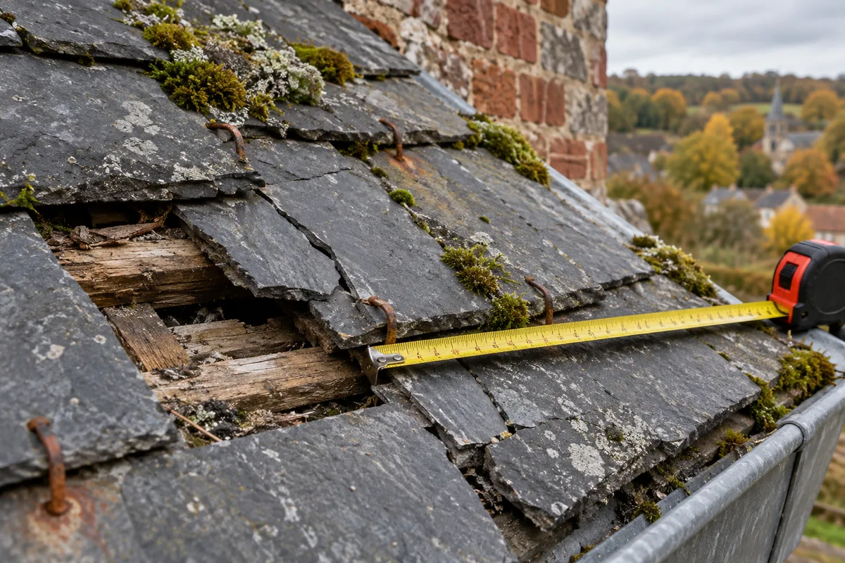 Ancienne couverture en ardoises fatiguée inspectée au mètre ruban : ardoises fendues, crochets rouillés et mousse