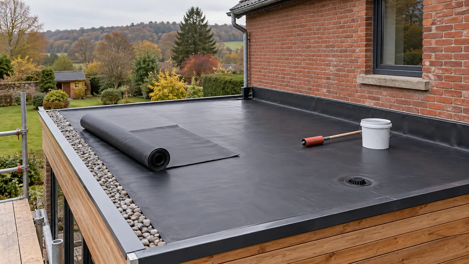 Extension de plain-pied en briques avec une toiture plate couverte d'une membrane EPDM noire posée en une seule pièce