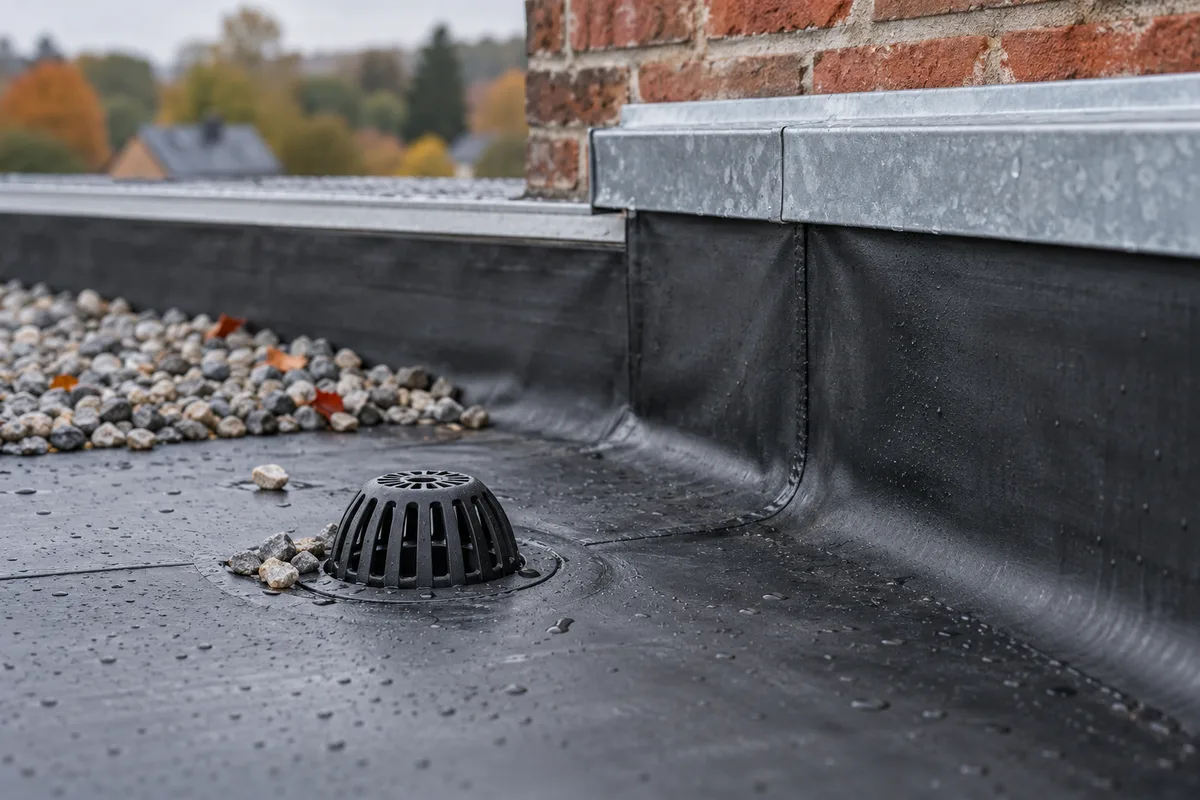 Raccord de membrane EPDM autour d'une évacuation et relevé d'angle contre un muret en briques