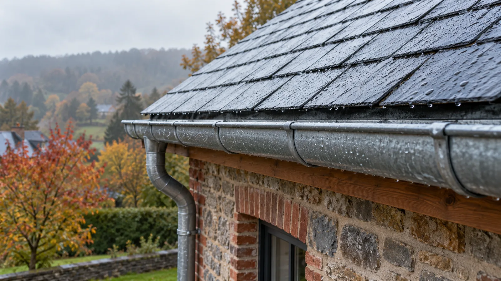 Gouttière et descente pluviale en zinc sur une toiture en ardoises sous une pluie fine